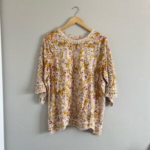 Solitaire | Yellow & Floral Embroidered Short Sleeve Top